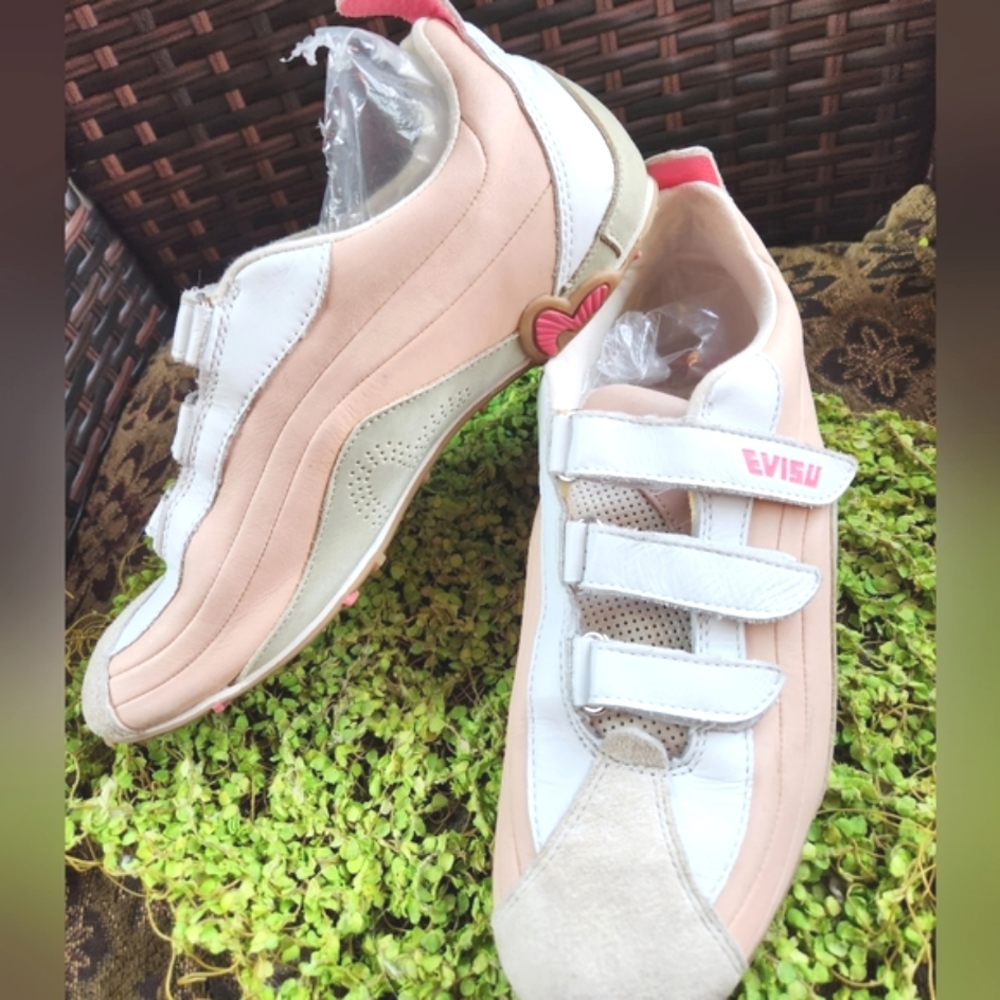 Y2k EVISU Japan COLLECT Sneakers Pink Beige 3 Velcro Strap Suede LOGO Sneakers 9